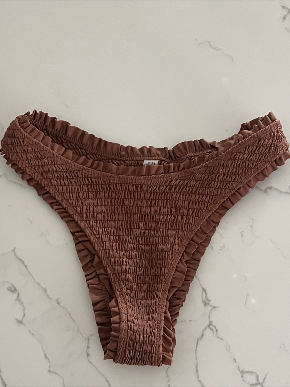 Large Smocked Ruffle Cheeky Bikini Bottoms - Mauve Brown